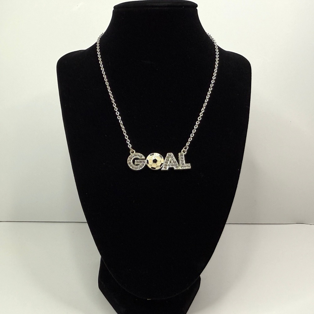 Soccer Goal Rhinestone Pendant Necklace Silver Tone Enamel Fashion Jewelry 7.5in